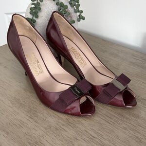 Salvatore Ferragamo Women's Dark Red Peep-Toe Heels
